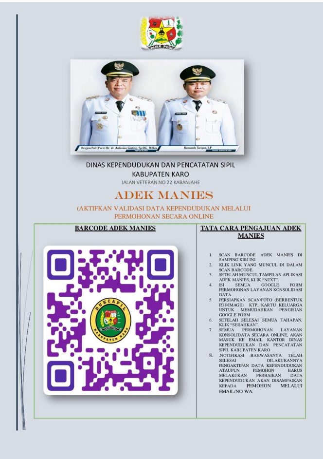 
					Mantap,Dinas kependudukan catatan Sipil kabupaten Karo Sudah luncurkan Trobosan baru Yang di beri nama Adek Manis Simak selengkapnya