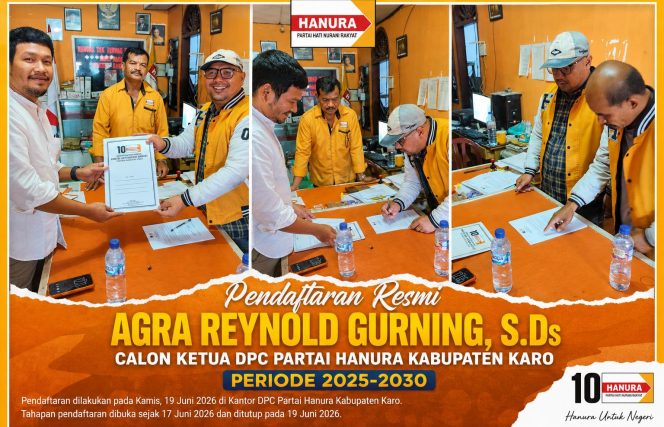 
					Agra Reynold Gurning Melesat Sendiri, Jadi Satu-Satunya Pendaftar Ketua Hanura Karo