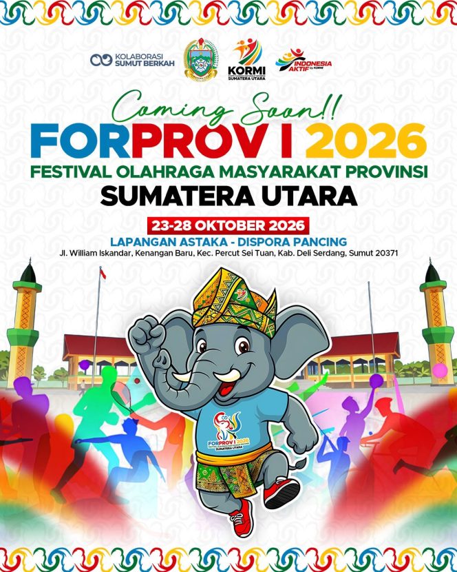 
					Kormi Sumut : FORPROVSU I 2026, Ajang Olahraga Masyarakat Terbesar di Sumatera Utara Resmi digelar 23-28 October 2026