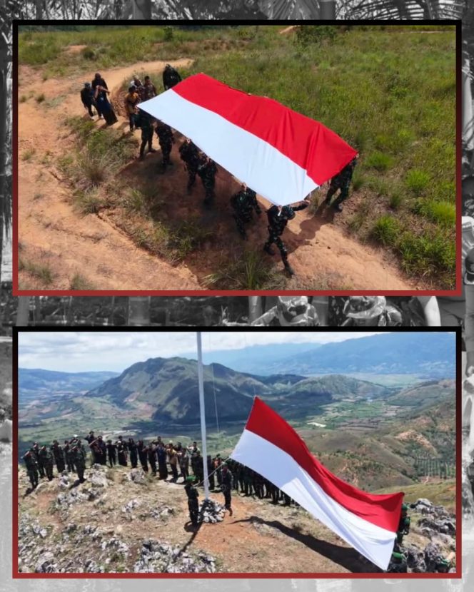 
					SEMANGAT PERJUANGAN PAHLAWAN, PRAJURIT YONIF TP 904/GARA MATA KIBARKAN MERAH PUTIH DI DELENG 7 DAYANG