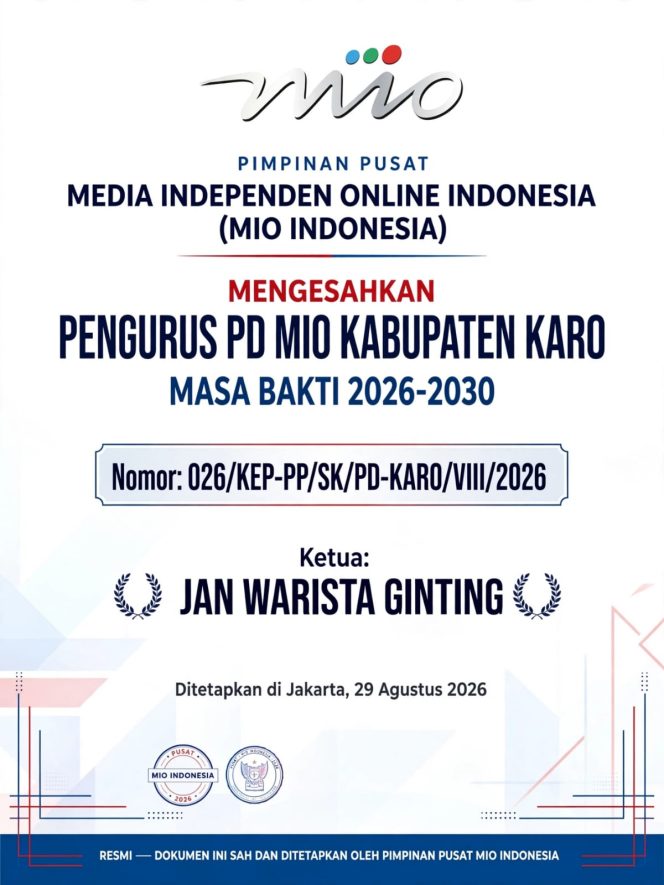 
					Pimpinan Pusat MIO Indonesia Resmi Sahkan Kepengurusan PD MIO Kabupaten Karo Periode 2026-2030, Jan Warista Ginting Sebagai Ketua