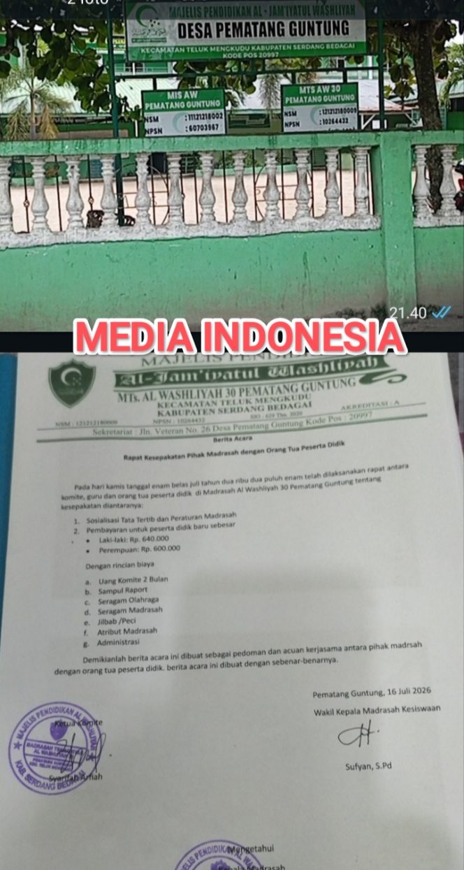
					Dugaan Pungutan Liar Bermodus Berita Acara Rapat di MTs Al Washliyah 30 Pematang Guntung Jadi Sorotan.