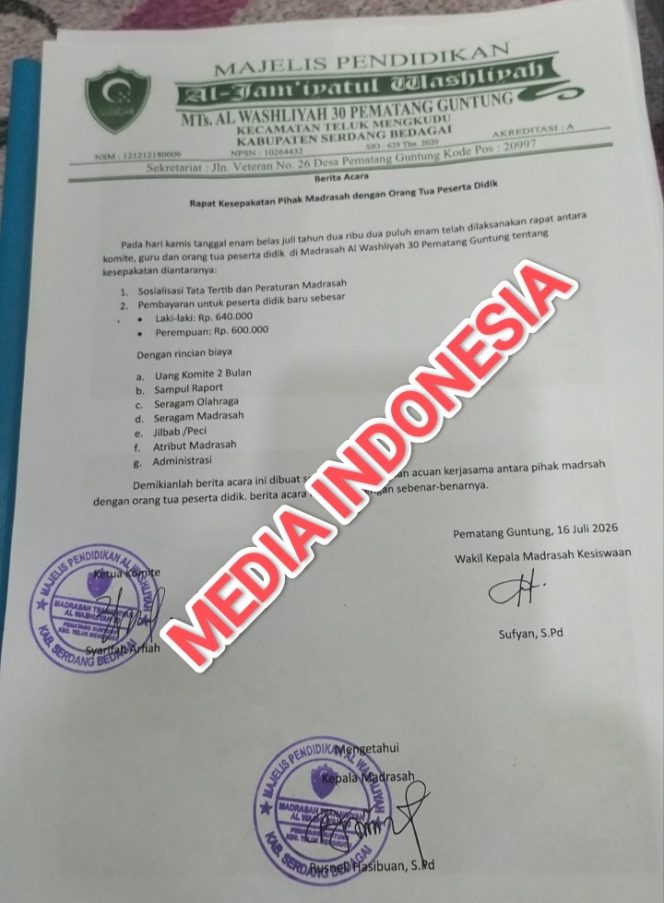 
					Soroti Sanggahan Kamad MTs Al Washliyah 30 Pematang Guntung, Publik Minta Transparansi Total dan Perbaikan Dokumen Cacat Administrasi.